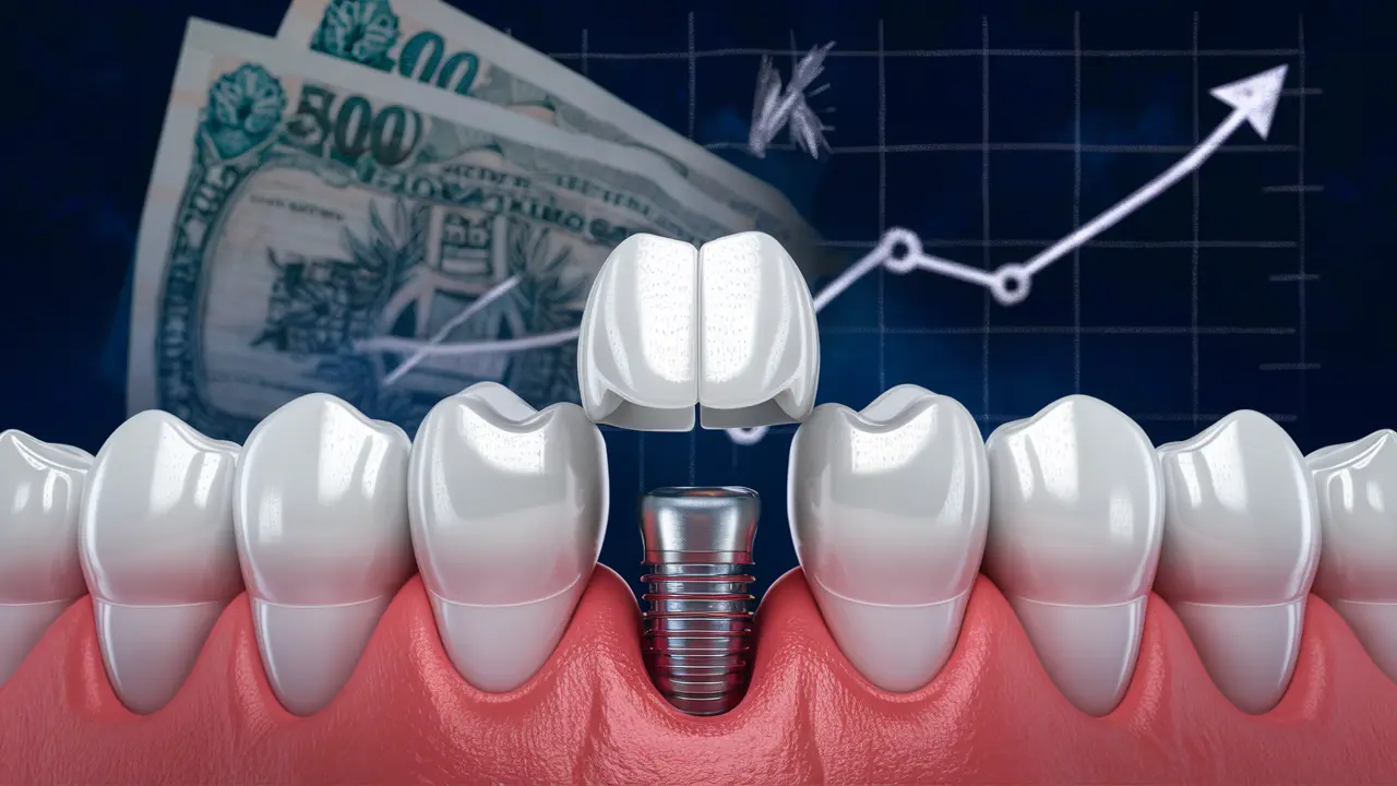 A dental implant in front of money and an upward trending arrow, depicting the high cost of dental implants and their value as a long-term investment in oral health.